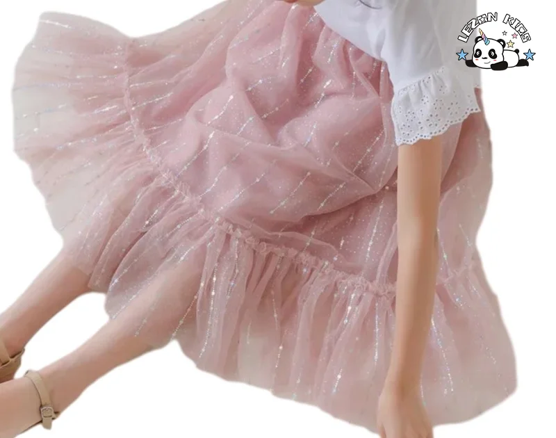 LEZONKIDS - Saia Longa de Tule com Estampa de Folha de Prata para Meninas, Personalizável, com Forro de Algodão Doce